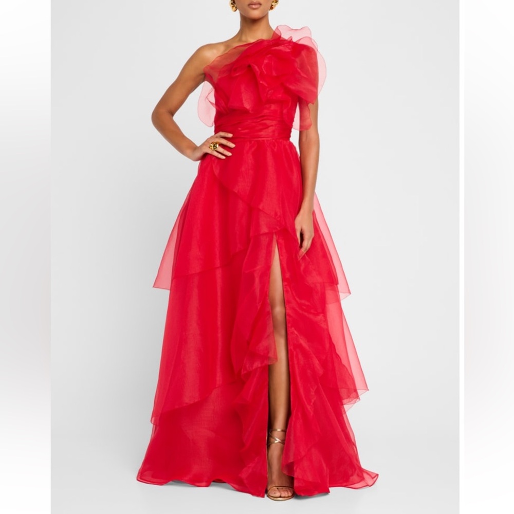 MARCHESA NOTTE***Red One-Shoulder Chiffon Gown***US 6 $1095